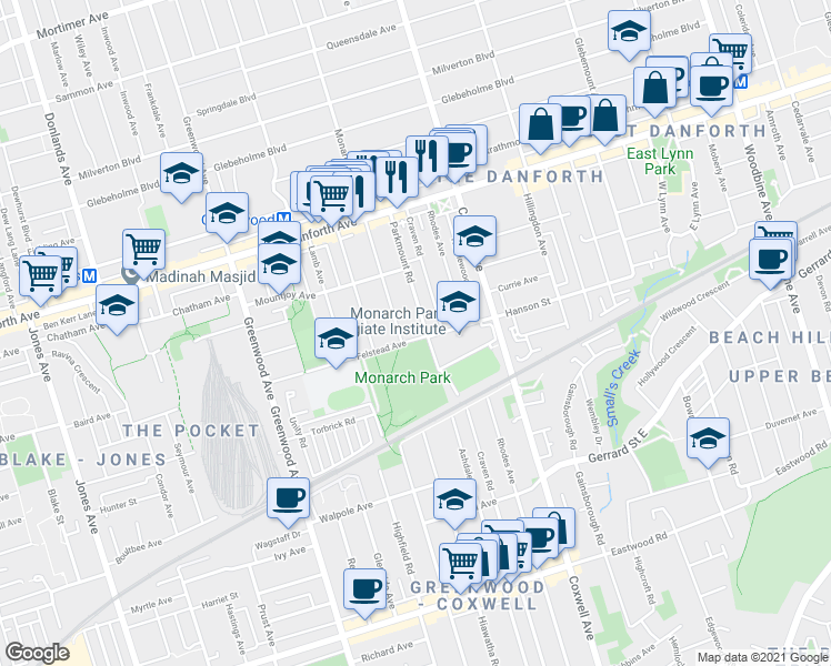 map of restaurants, bars, coffee shops, grocery stores, and more near in Toronto
