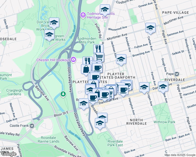 map of restaurants, bars, coffee shops, grocery stores, and more near 873 Broadview Avenue in Toronto