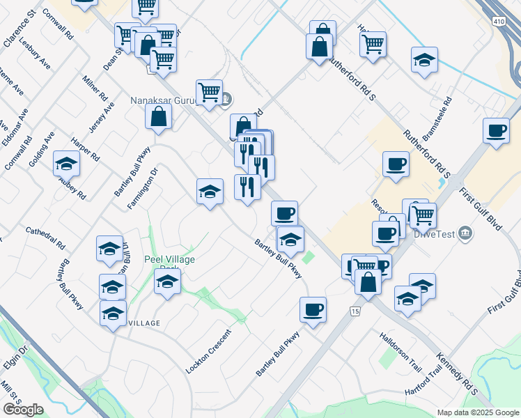 map of restaurants, bars, coffee shops, grocery stores, and more near 174 Town House Crescent in Brampton