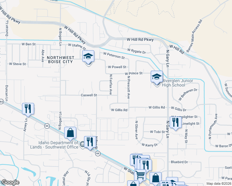 map of restaurants, bars, coffee shops, grocery stores, and more near 6751 North Hastings Avenue in Boise