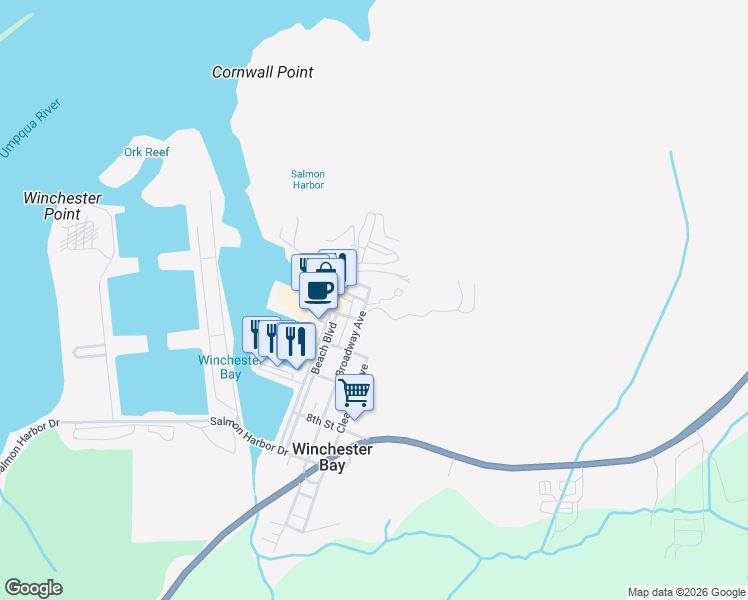 map of restaurants, bars, coffee shops, grocery stores, and more near 390 Broadway Avenue in Winchester Bay