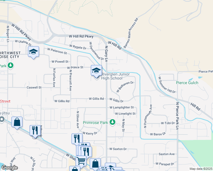 map of restaurants, bars, coffee shops, grocery stores, and more near 6801 North Gary Lane in Boise