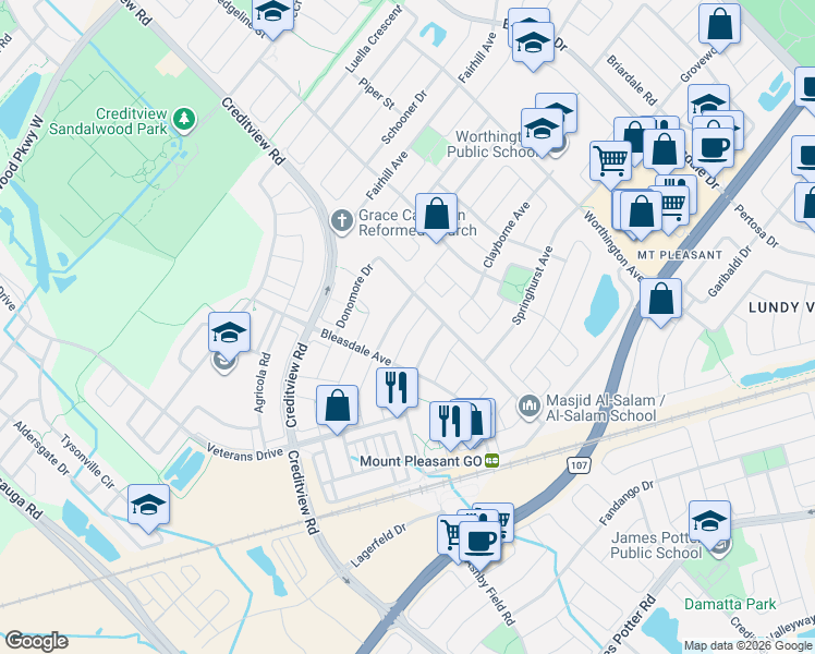 map of restaurants, bars, coffee shops, grocery stores, and more near 26 Lathbury Street in Brampton