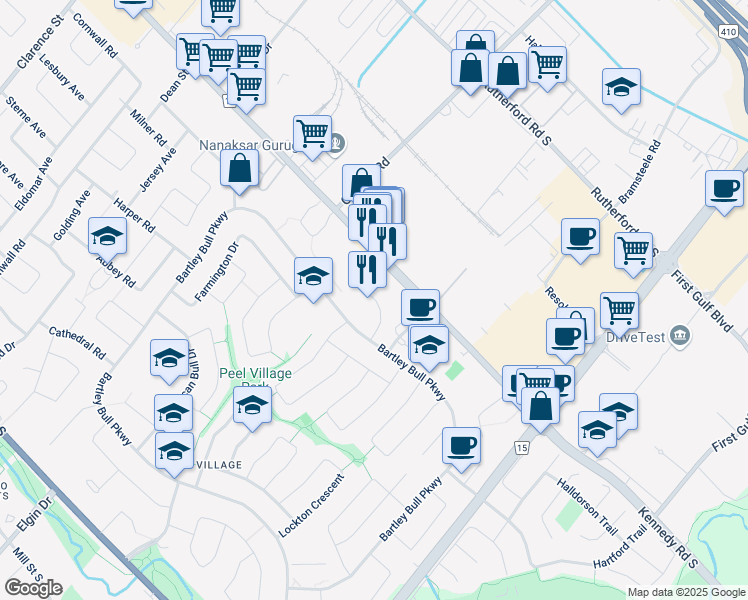 map of restaurants, bars, coffee shops, grocery stores, and more near 174 Town House Crescent in Brampton