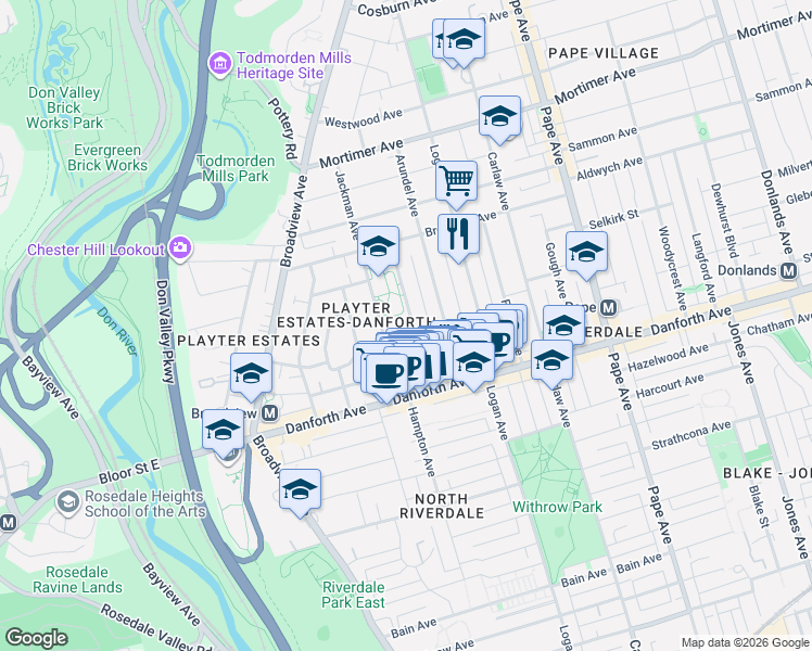 map of restaurants, bars, coffee shops, grocery stores, and more near 72 Chester Avenue in Toronto