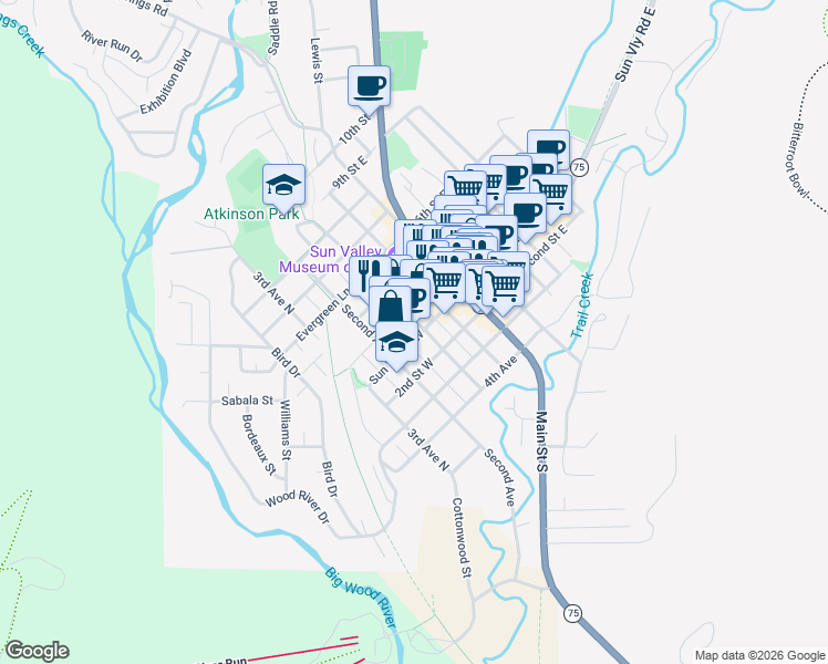 map of restaurants, bars, coffee shops, grocery stores, and more near 320 1st Avenue North in Ketchum