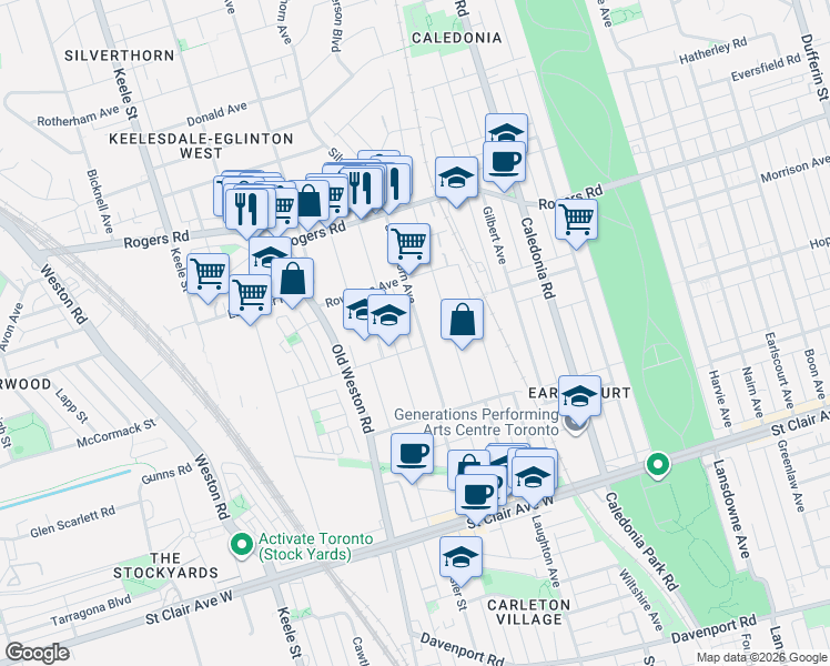 map of restaurants, bars, coffee shops, grocery stores, and more near 212 Silverthorn Avenue in Toronto