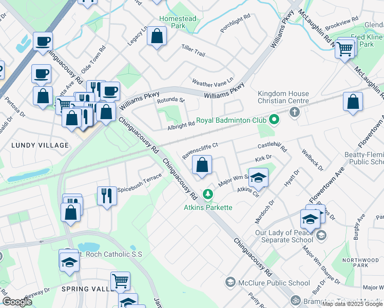 map of restaurants, bars, coffee shops, grocery stores, and more near 29 Ravenscliffe Court in Brampton