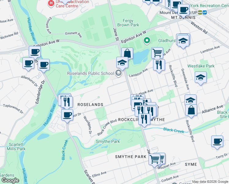 map of restaurants, bars, coffee shops, grocery stores, and more near 32 Pendeen Avenue in Toronto