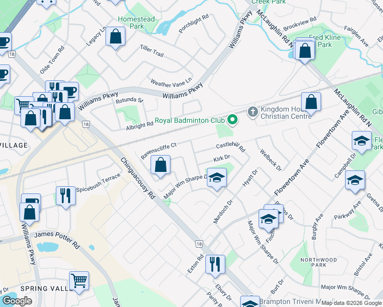 map of restaurants, bars, coffee shops, grocery stores, and more near 34 Castlehill Road in Brampton