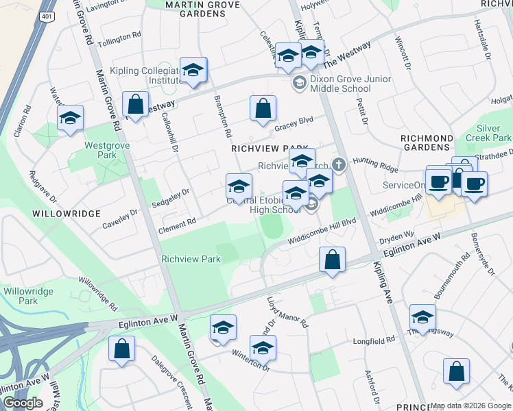 map of restaurants, bars, coffee shops, grocery stores, and more near 119 Brampton Road in Toronto