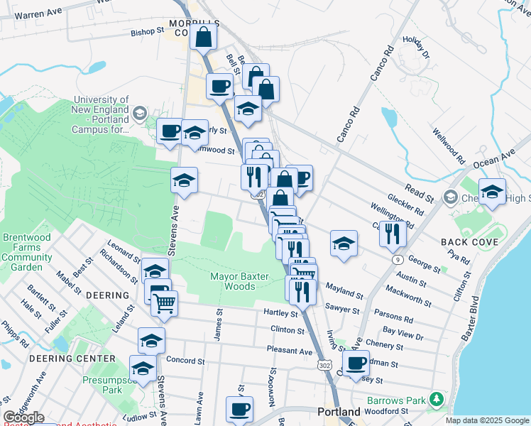 map of restaurants, bars, coffee shops, grocery stores, and more near 173 Walton Street in Portland