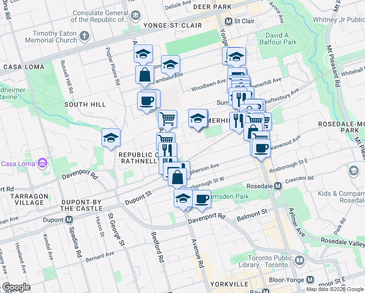 map of restaurants, bars, coffee shops, grocery stores, and more near in Toronto