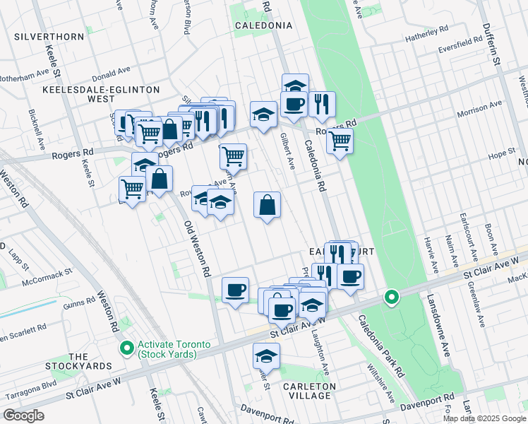 map of restaurants, bars, coffee shops, grocery stores, and more near in Toronto