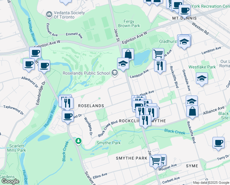 map of restaurants, bars, coffee shops, grocery stores, and more near in Toronto