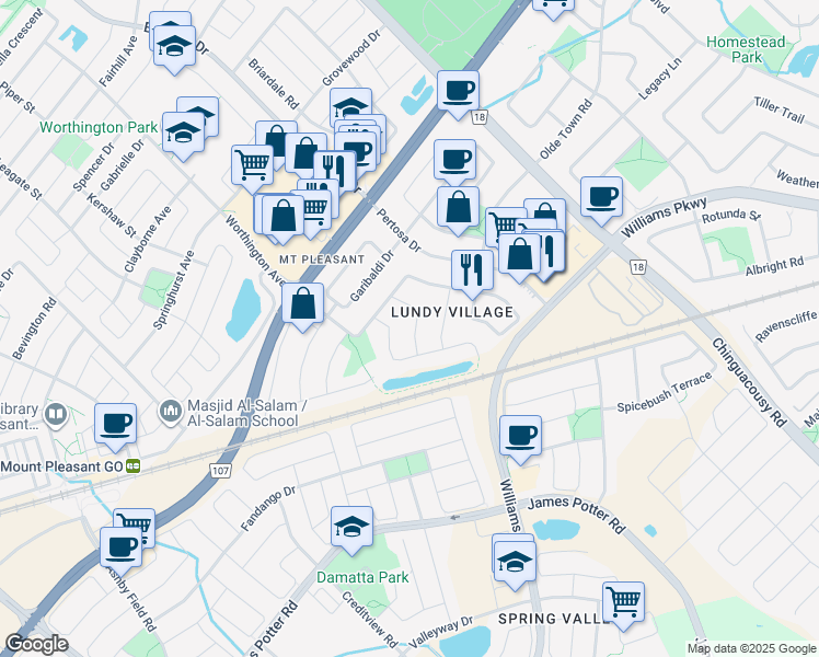 map of restaurants, bars, coffee shops, grocery stores, and more near 16 Brunswick Street in Brampton