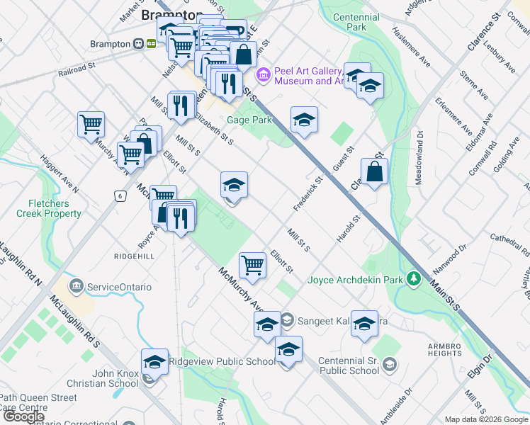 map of restaurants, bars, coffee shops, grocery stores, and more near 83 Mill Street South in Brampton