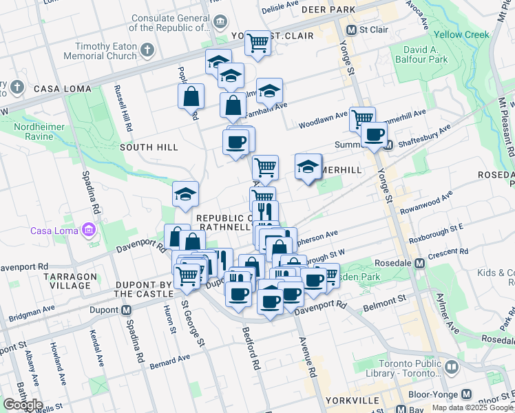 map of restaurants, bars, coffee shops, grocery stores, and more near 300 Avenue Road in Toronto