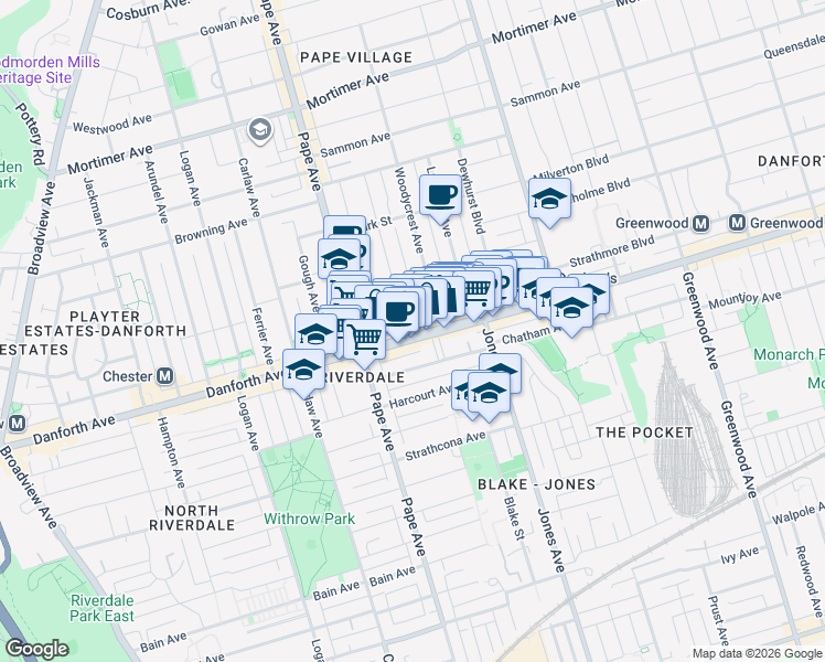 map of restaurants, bars, coffee shops, grocery stores, and more near in Toronto