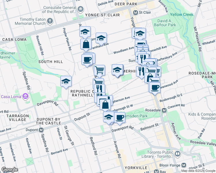 map of restaurants, bars, coffee shops, grocery stores, and more near 135 Cottingham Street in Toronto