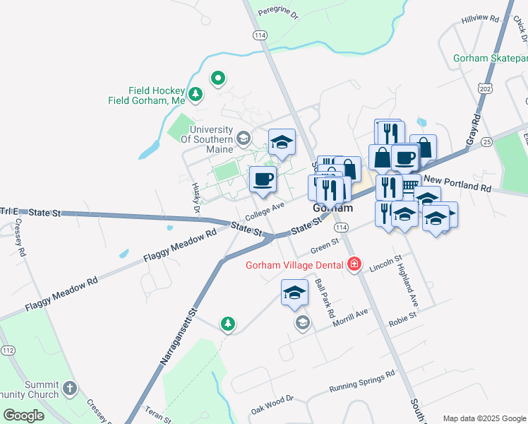 map of restaurants, bars, coffee shops, grocery stores, and more near College Avenue in Gorham