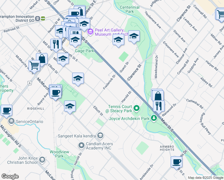 map of restaurants, bars, coffee shops, grocery stores, and more near 15 Frederick Street in Brampton