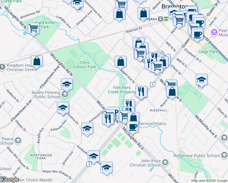 map of restaurants, bars, coffee shops, grocery stores, and more near in Brampton
