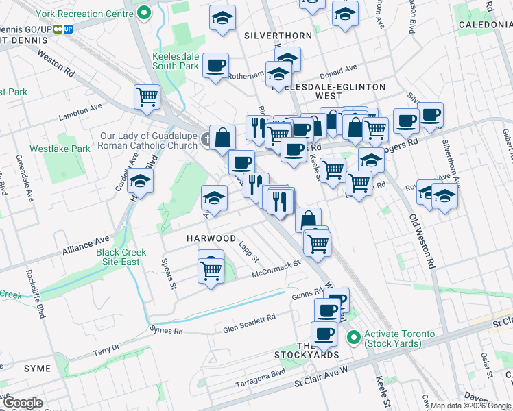 map of restaurants, bars, coffee shops, grocery stores, and more near 342 Weston Road in Toronto