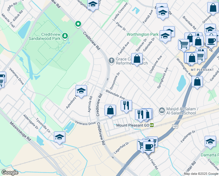 map of restaurants, bars, coffee shops, grocery stores, and more near 52 Donomore Drive in Brampton