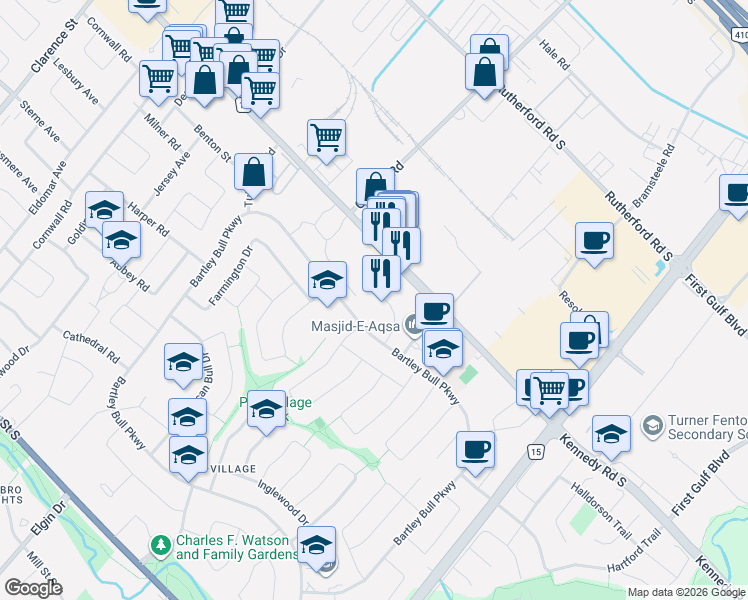 map of restaurants, bars, coffee shops, grocery stores, and more near 41 Town House Crescent in Brampton