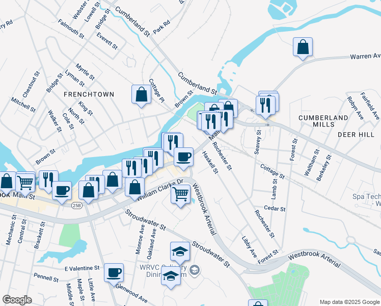map of restaurants, bars, coffee shops, grocery stores, and more near 573 Main Street in Westbrook