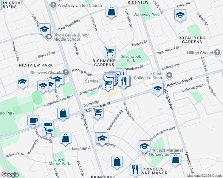 map of restaurants, bars, coffee shops, grocery stores, and more near 250 Wincott Drive in Toronto