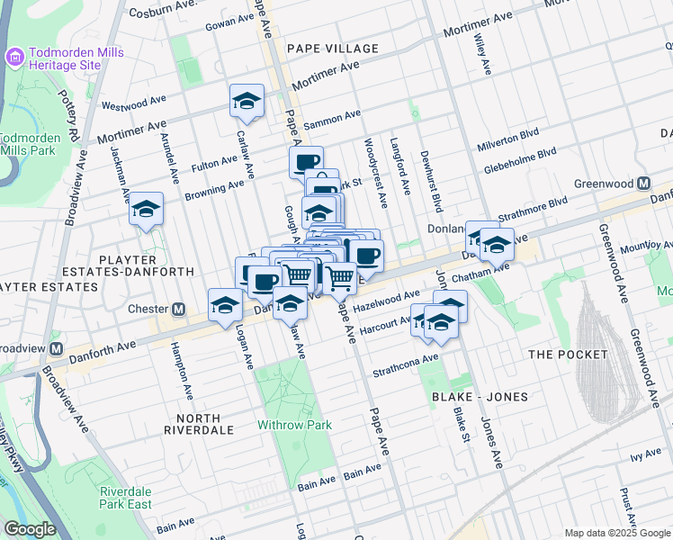 map of restaurants, bars, coffee shops, grocery stores, and more near 731 Pape Avenue in Toronto