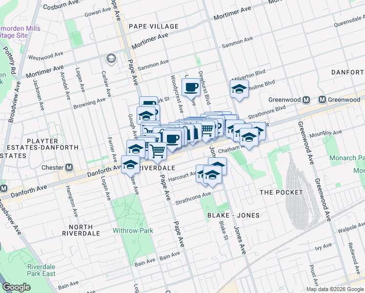 map of restaurants, bars, coffee shops, grocery stores, and more near in Toronto
