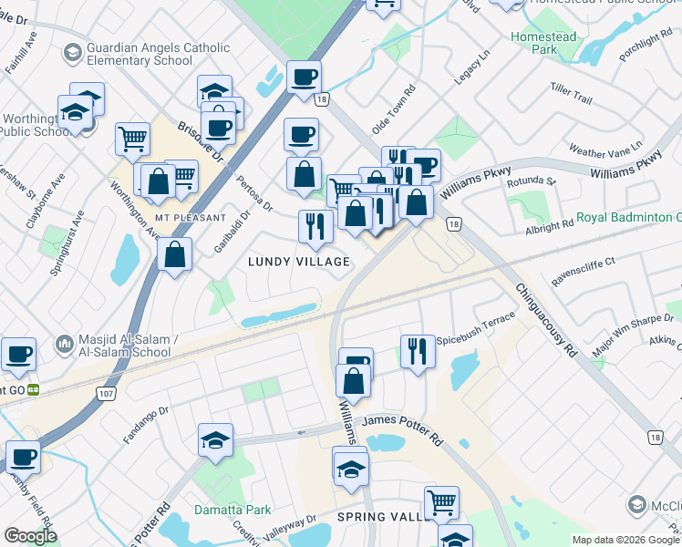 map of restaurants, bars, coffee shops, grocery stores, and more near 37 Whiteface Crescent in Brampton