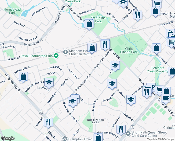 map of restaurants, bars, coffee shops, grocery stores, and more near 51 Windermere Court in Brampton