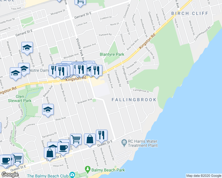 map of restaurants, bars, coffee shops, grocery stores, and more near 136 Blantyre Avenue in Toronto