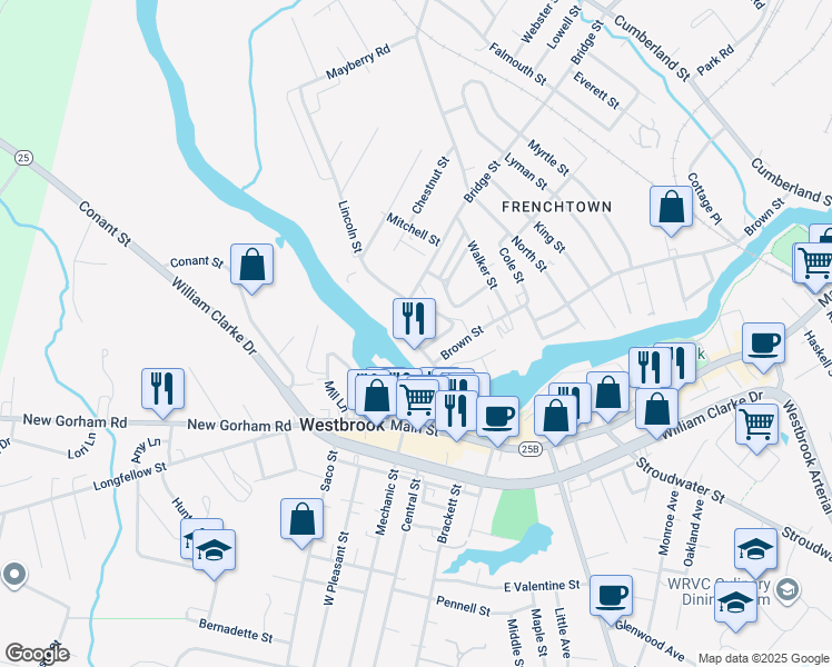 map of restaurants, bars, coffee shops, grocery stores, and more near 77 Bridge Street in Westbrook