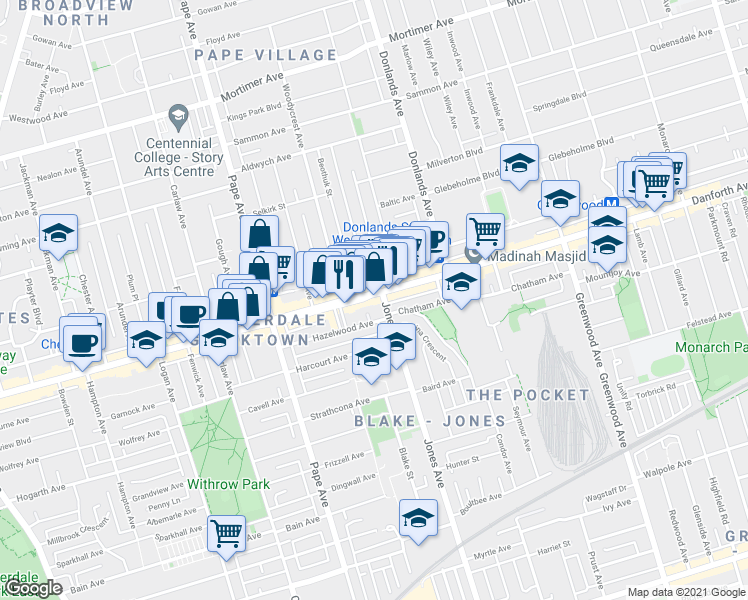 map of restaurants, bars, coffee shops, grocery stores, and more near 843 Danforth Avenue in Toronto