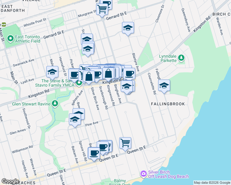 map of restaurants, bars, coffee shops, grocery stores, and more near 16 A Bingham Avenue in Toronto