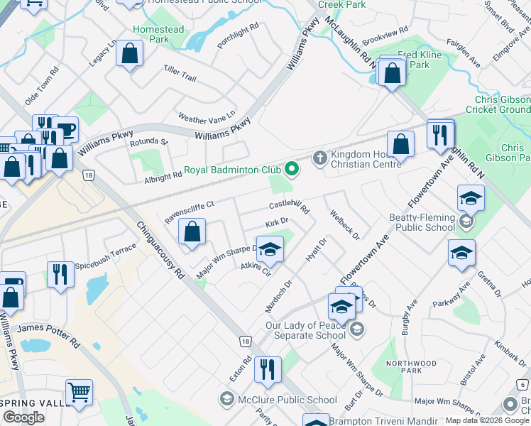 map of restaurants, bars, coffee shops, grocery stores, and more near 31 Castlehill Road in Brampton