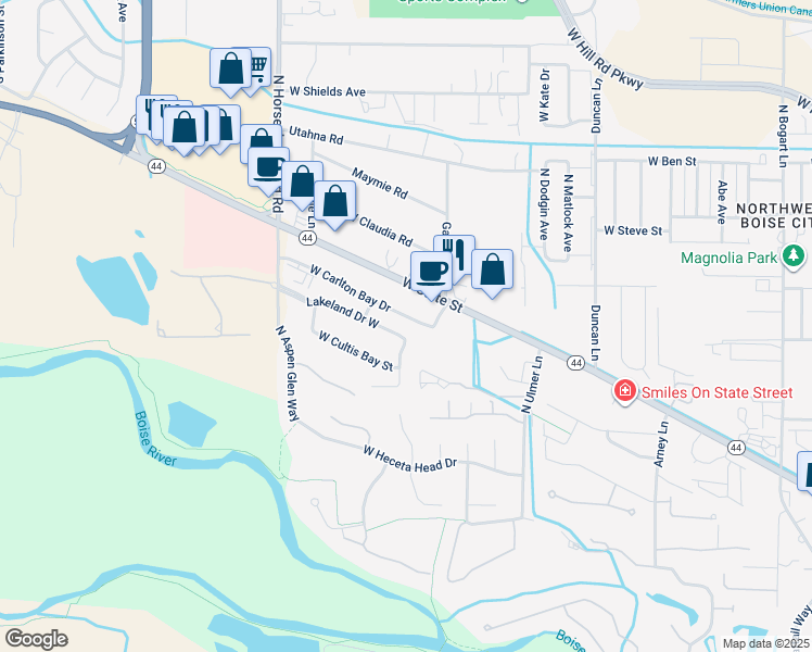 map of restaurants, bars, coffee shops, grocery stores, and more near 10178 West Carlton Bay Drive in Garden City