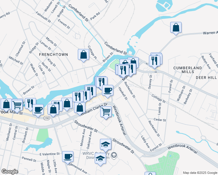 map of restaurants, bars, coffee shops, grocery stores, and more near 573 Main Street in Westbrook
