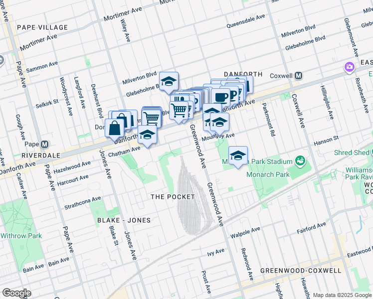 map of restaurants, bars, coffee shops, grocery stores, and more near in Toronto