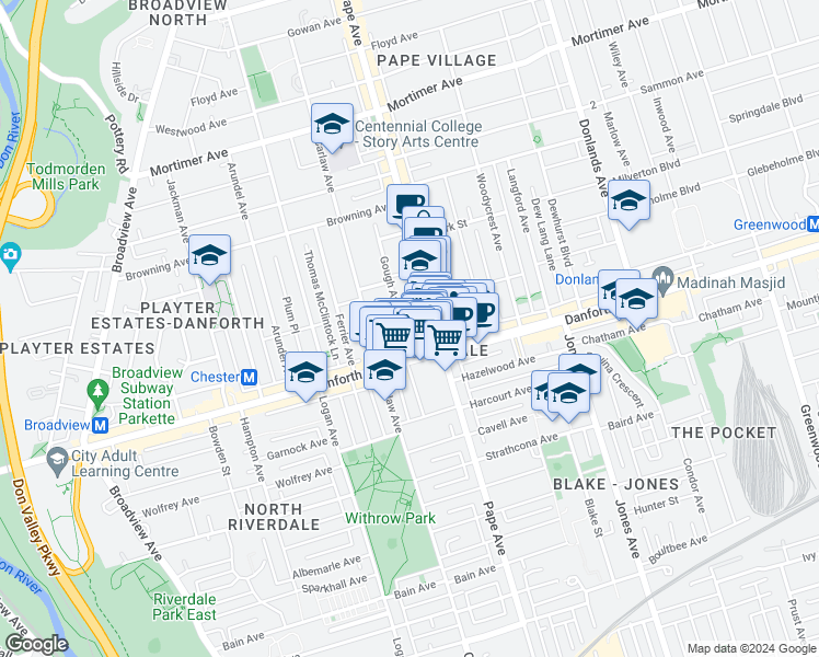 map of restaurants, bars, coffee shops, grocery stores, and more near in Toronto