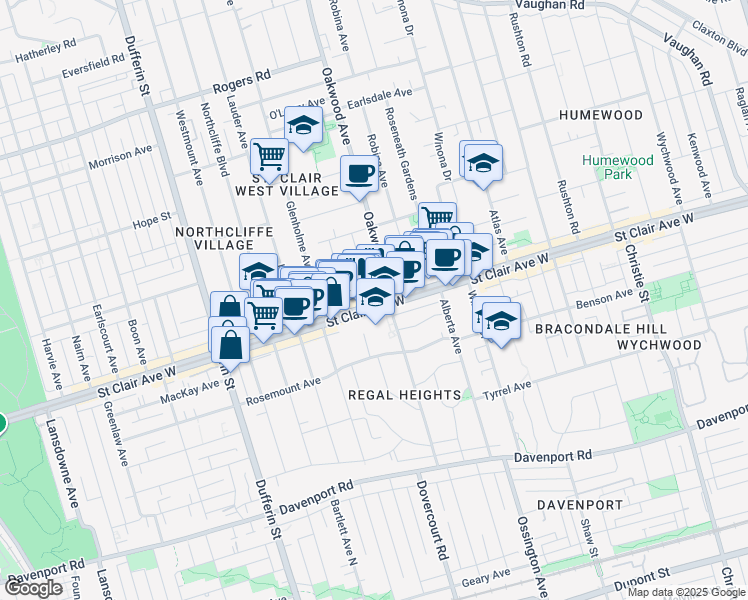 map of restaurants, bars, coffee shops, grocery stores, and more near 964 Saint Clair Avenue West in Toronto