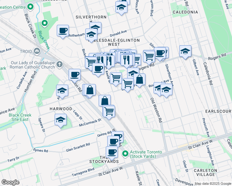 map of restaurants, bars, coffee shops, grocery stores, and more near in Toronto