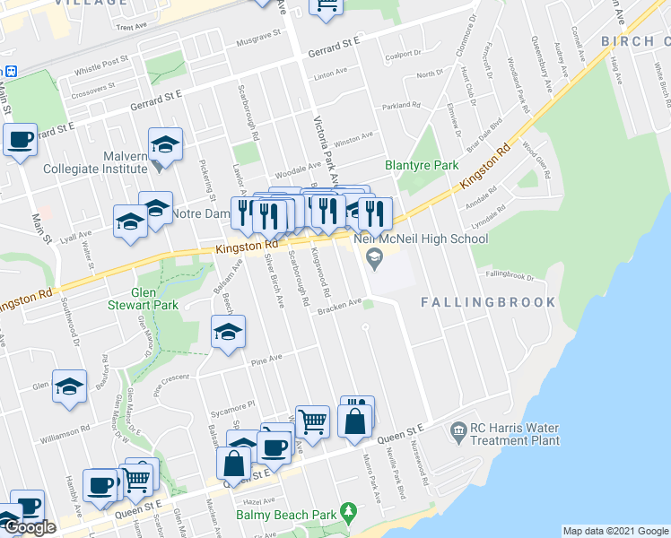 map of restaurants, bars, coffee shops, grocery stores, and more near 16 A Bingham Avenue in Toronto