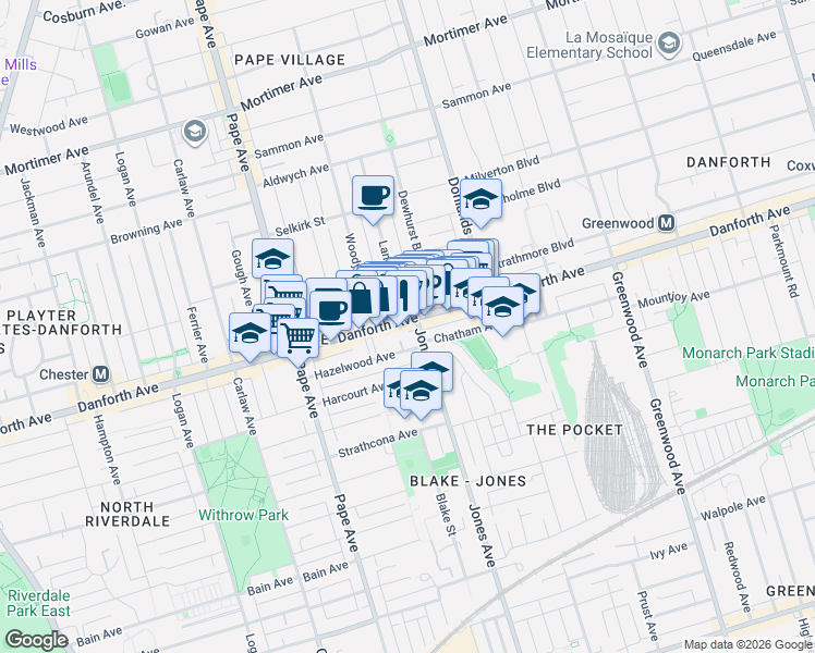 map of restaurants, bars, coffee shops, grocery stores, and more near 843 Danforth Avenue in Toronto