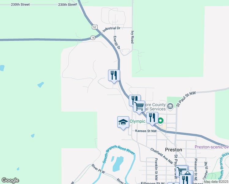 map of restaurants, bars, coffee shops, grocery stores, and more near 1005 Sunset Road in Preston